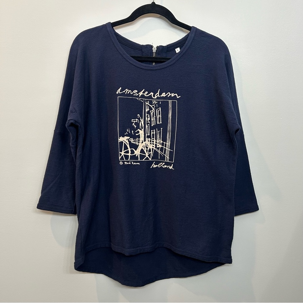 Artist Mark Ravan Art To Wear Amsterdam Holland Bicycle Picture Navy Top Size L